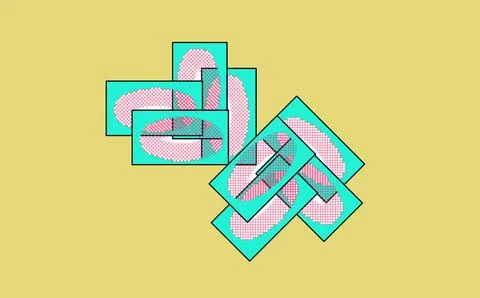 Abstract Overlapping Mesh Rectangles on Muted Yellow Background Stock Illustration