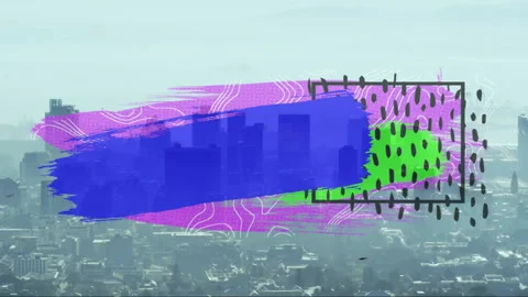 Abstract overlay floating over city, showing blue purple green strokes, frame, Stock Footage 307436282
