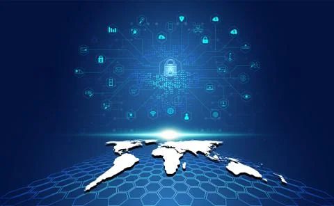 Abstract padlock cyber security with map and icons concept Protection of info Illustration