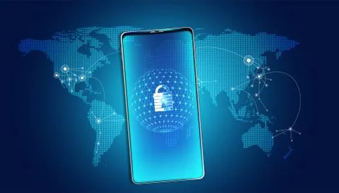 Abstract padlock cyber security with smartphone and map world concept Protect 스톡 일러스트