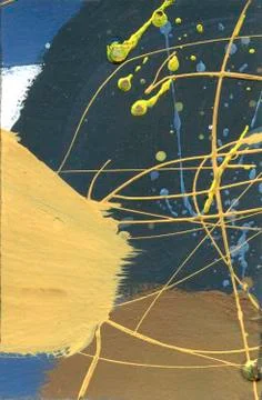 Abstract pained canvas. Space effect acrylic splashes and lines. Yellow color Stock Photos