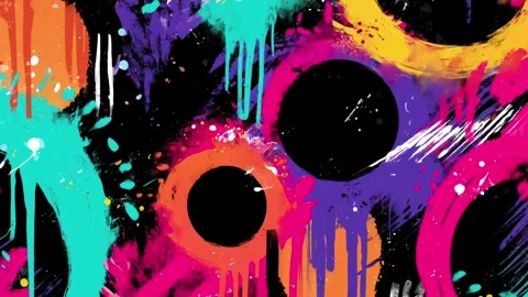 Abstract Paint Drip Background With Black Circles and Neon Color Fields Stock Footage 315512024