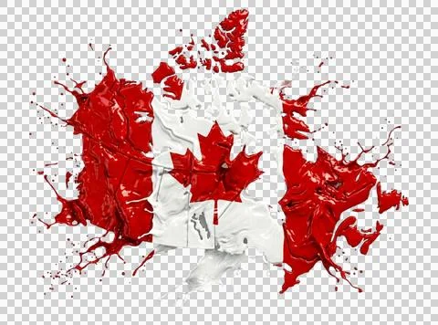 Abstract paint splashes in Canada flag colors forming map shape on transpar.. Illustrazione stock