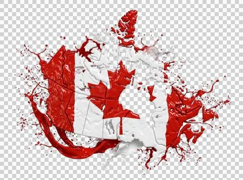 Abstract paint splashes in Canada flag colors forming map shape on transpar.. Illustrazione stock