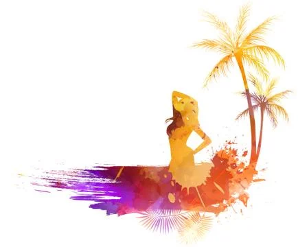 Abstract painted grunge splash shape with silhouettes. Travel concept - party Stock Illustration