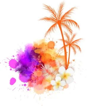 Abstract painted grunge splash shape with silhouettes. Travel concept - palm Stock Illustration