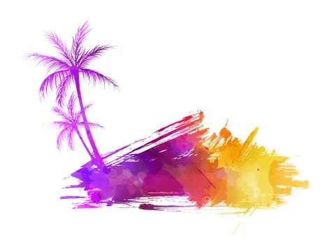 Abstract painted grunge splash shape with silhouettes. Travel concept - palm Stock Illustration