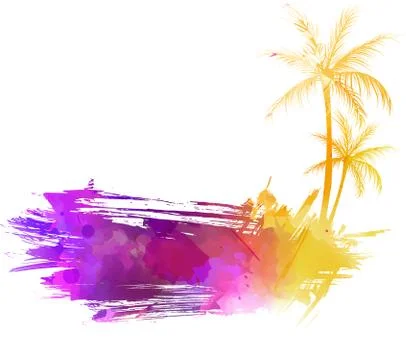 Abstract painted grunge splash shape with silhouettes. Travel concept - palm Stock Illustration