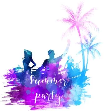 Abstract painted grunge splash shape with silhouettes. Travel concept - party Stock Illustration