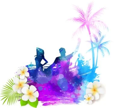 Abstract painted grunge splash shape with silhouettes. Travel concept - party Stock Illustration