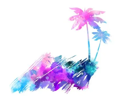 Abstract painted splash shape with palm silhouettes. Travel concept grunge ba Stock Illustration