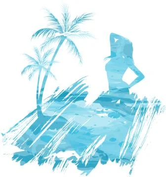 Abstract painted splash shape with silhouettes. Travel concept - palm trees, Stock Illustration