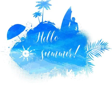 Abstract painted splash shape with silhouettes. Travel concept - surfing, pal Stock Illustration