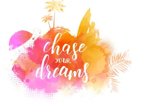 Abstract painted splash shape with silhouettes. Surfing, palm trees, sun umbr Stock Illustration