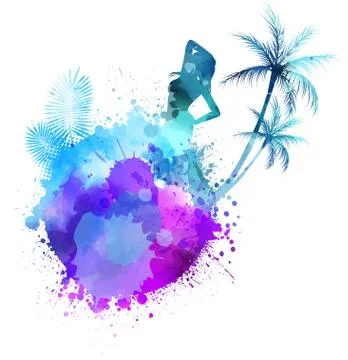 Abstract painted splash shape with silhouettes. Travel concept - partying gir Stock Illustration
