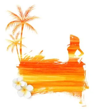 Abstract painted splash shape with silhouettes. Travel concept - posing girl, Stock Illustration