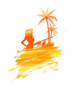 Abstract painted splash shape with silhouettes. Travel concept - palm trees,  Stock Illustration