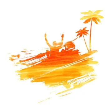 Abstract painted splash shape with silhouettes. Travel concept - palm trees,  Stock Illustration