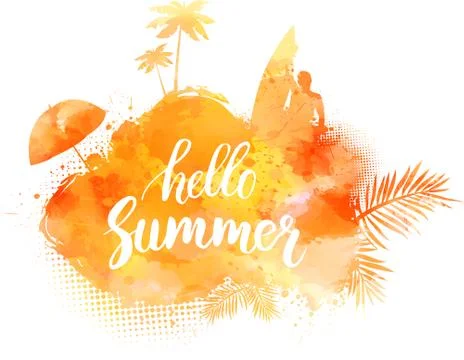 Abstract painted splash shape with silhouettes. Travel concept - surfing, pal Stock Illustration