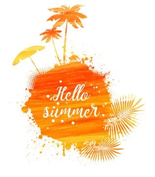 Abstract painted splash shape with silhouettes. Travel concept - palm trees, Stock Illustration