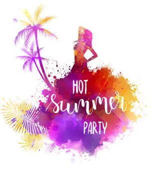 Abstract painted splash shape with silhouettes. Travel concept - partying gir Stock Illustration