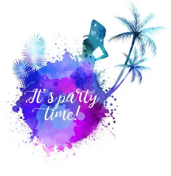 Abstract painted splash shape with silhouettes. Travel concept - partying gir Stock Illustration