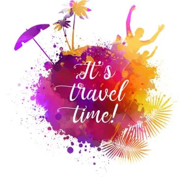 Abstract painted splash shape with silhouettes. Travel concept - partying, pa Stock Illustration