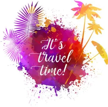 Abstract painted splash shape with silhouettes. Travel concept - palm trees,  Stock Illustration