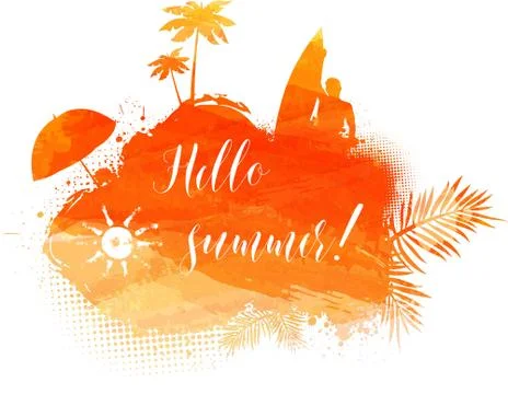 Abstract painted splash shape with silhouettes. Travel concept - surfing, pal Stock Illustration