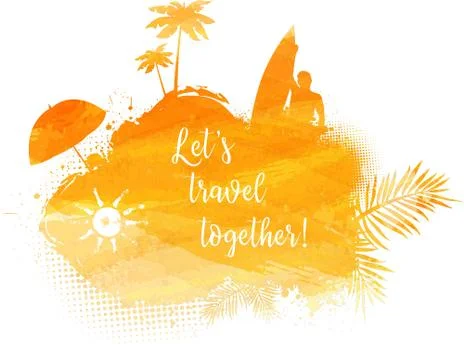 Abstract painted splash shape with silhouettes. Travel concept - surfing, pal Stock Illustration