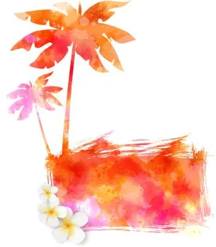 Abstract painted splash shape with silhouettes. Travel concept - tropical flo Stock Illustration