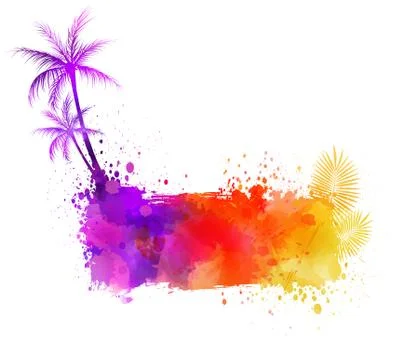 Abstract painted splash shape with silhouettes. Travel concept - palm trees. Stock Illustration