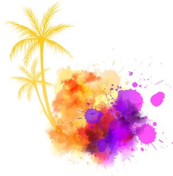 Abstract painted splash shape with silhouettes. Travel concept - palm trees. Stock Illustration