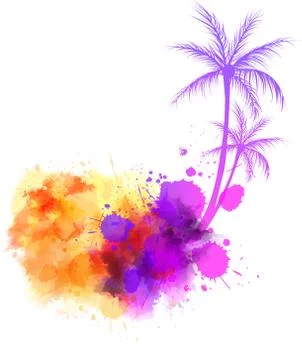 Abstract painted splash shape with silhouettes. Travel concept - palm trees. Stock Illustration