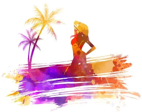 Abstract painted splash shape with silhouettes. Travel concept - palm trees,  Stock Illustration