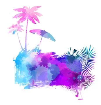 Abstract painted splash shape with silhouettes. Travel concept - palm trees,  Stock Illustration