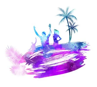 Abstract painted splash shape with silhouettes. Travel concept - partying peo Stock Illustration