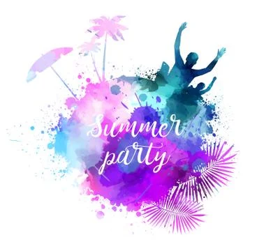 Abstract painted splash shape with silhouettes. Travel concept - partying, pa Stock Illustration