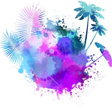 Abstract painted splash shape with silhouettes. Travel concept -  palm trees, Stock Illustration