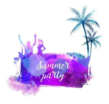 Abstract painted splash shape with silhouettes. Travel concept - palm trees, Stock Illustration
