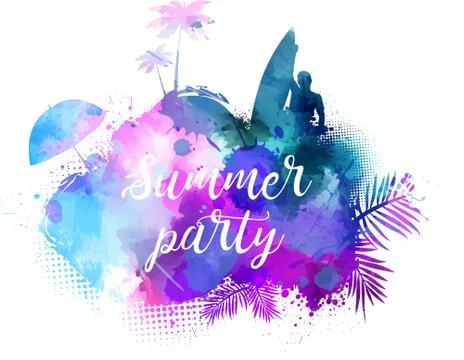 Abstract painted splash shape with silhouettes. Travel concept - surfing, pal Stock Illustration