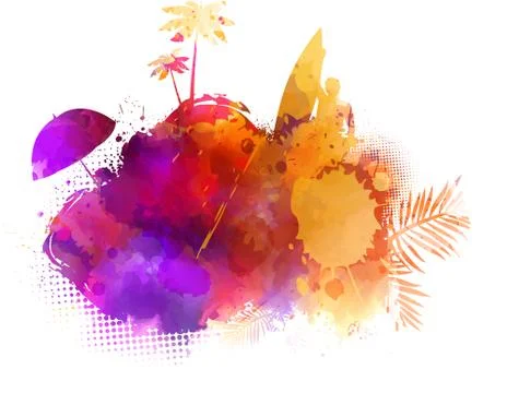 Abstract painted splash shape with silhouettes. Travel concept - surfing, pal Stock Illustration