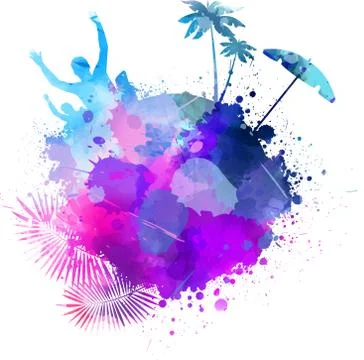 Abstract painted splash shape with silhouettes. Travel concept - partying, pa Stock Illustration