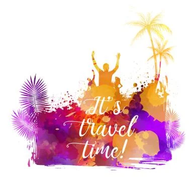 Abstract painted splash shape with silhouettes. Travel concept - palm trees,  Stock Illustration