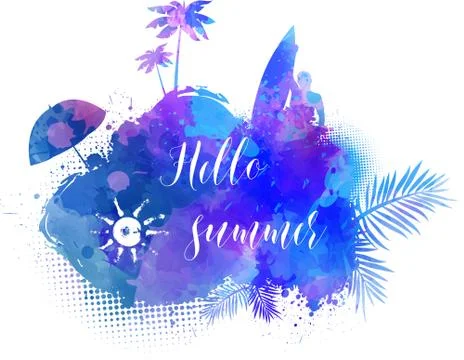 Abstract painted splash shape with silhouettes. Travel concept - surfing, pal Stock Illustration