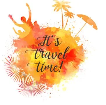 Abstract painted splash shape with silhouettes. Travel concept - partying, pa Stock Illustration