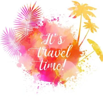 Abstract painted splash shape with silhouettes. Travel concept - palm trees,  Stock Illustration