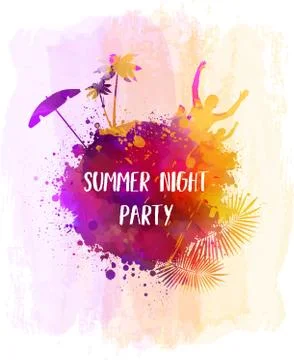 Abstract painted splash shape with silhouettes. Travel concept - partying, pa Stock Illustration