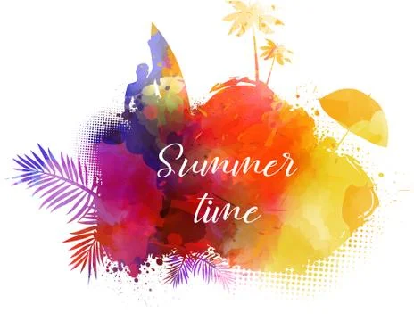 Abstract painted splash shape with silhouettes. Travel concept - surfing, pal Stock Illustration