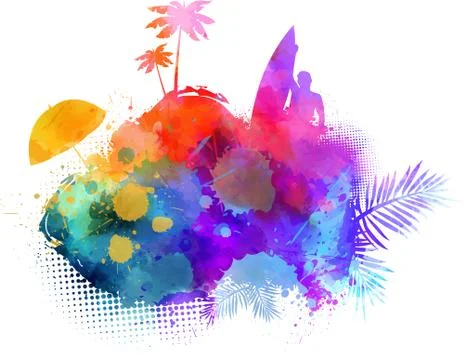 Abstract painted splash shape with silhouettes. Travel concept - surfing, pal Stock Illustration